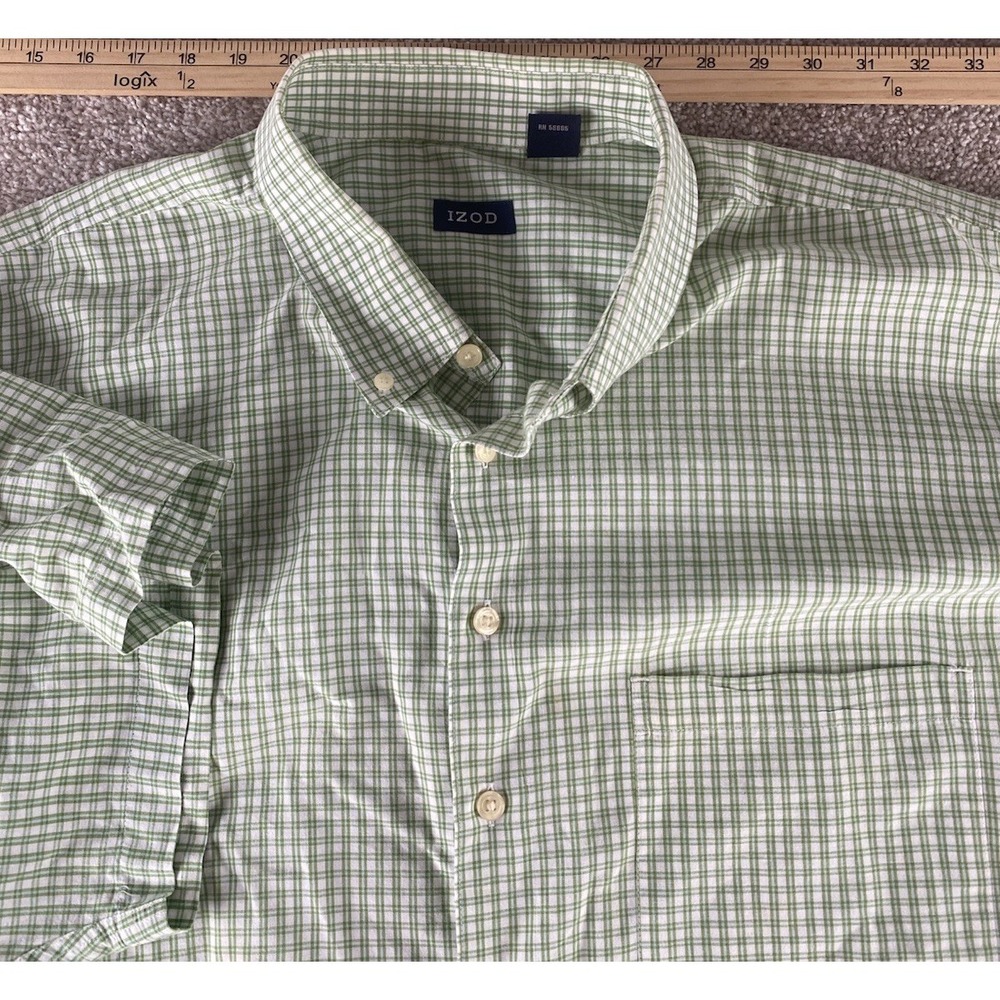IZOD Mens 4XLT Short Sleeve Green/White Plaid Shirt Cotton/Polyester Preppy Work
